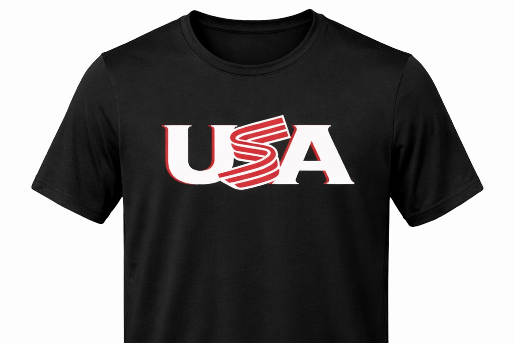 Black USA patriotic t-shirt with red white and blue baseball-inspired graphic design