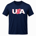 Navy USA patriotic t-shirt with red white and blue baseball-inspired graphic design