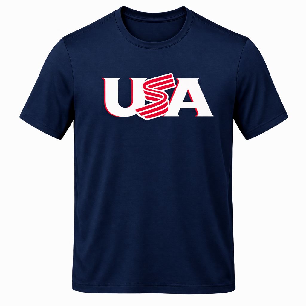 Navy USA patriotic t-shirt with red white and blue baseball-inspired graphic design