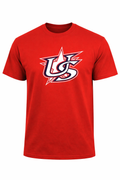 Red USA baseball t-shirt with American flag star graphic design for fans