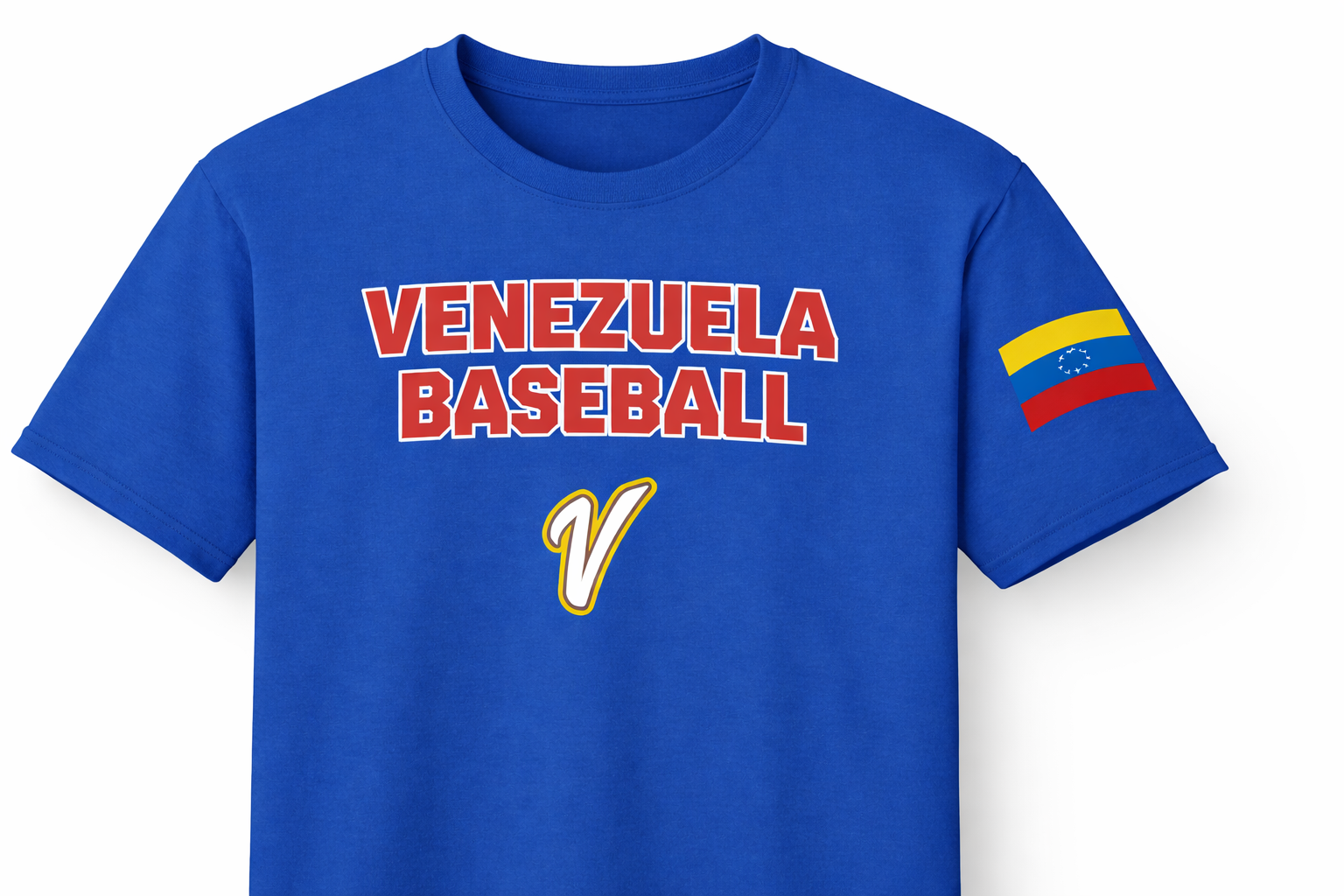 Blue t-shirt with 'Venezuela Baseball' text and flag sleeve design on a white background