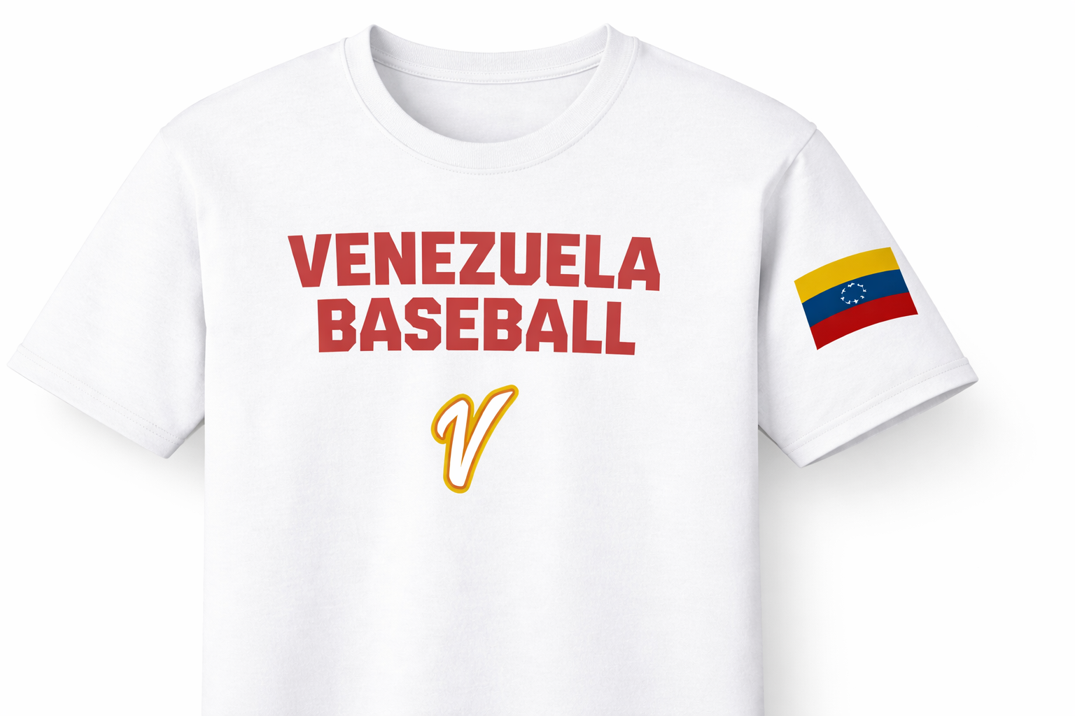 White t-shirt with 'Venezuela Baseball' text and Venezuelan flag on a white background