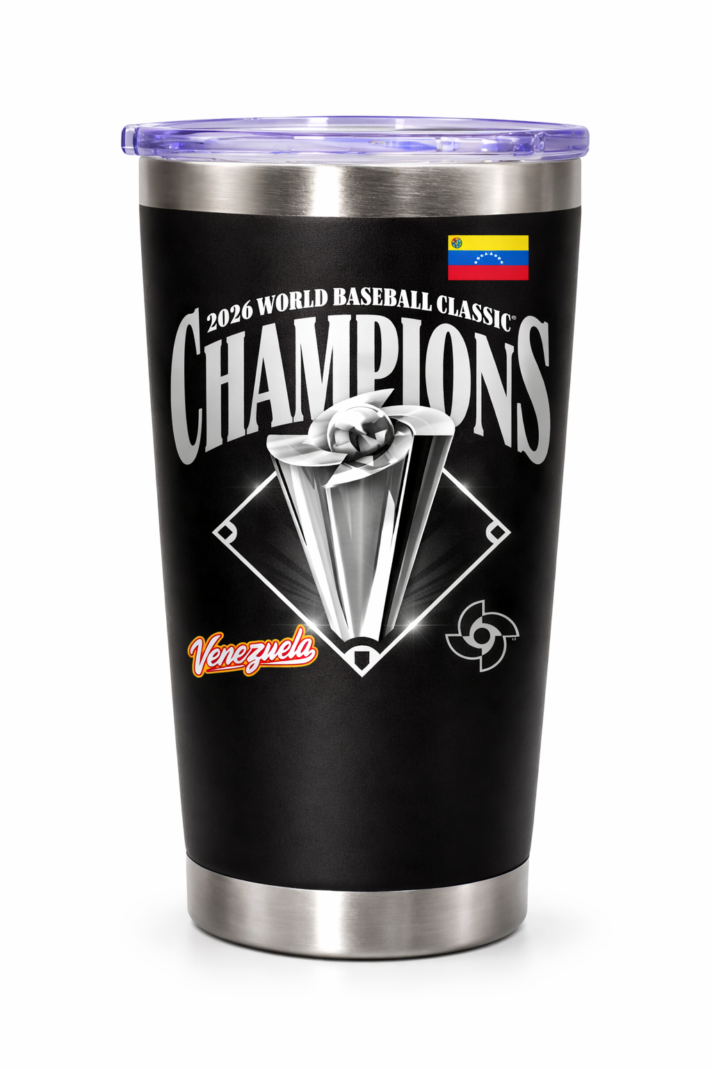 Black tumbler with 2026 World Baseball Classic Champions Venezuela design on a white background