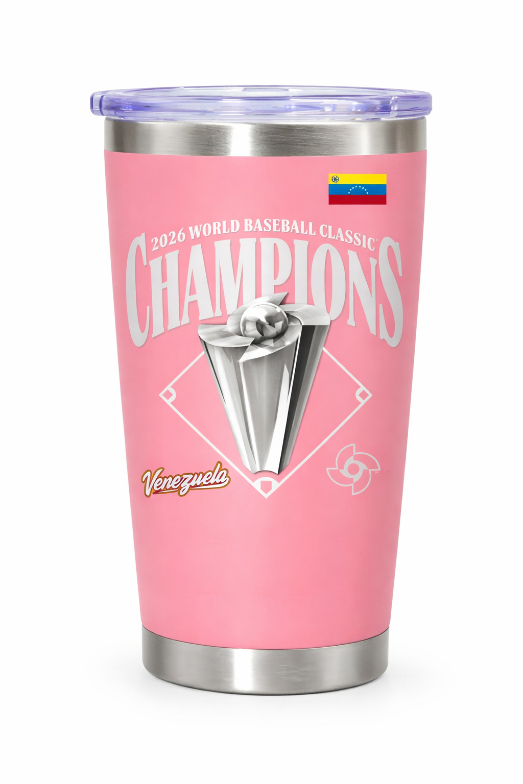 Pink tumbler with '2026 World Baseball Classic Champions Venezuela' text and logo on a white background