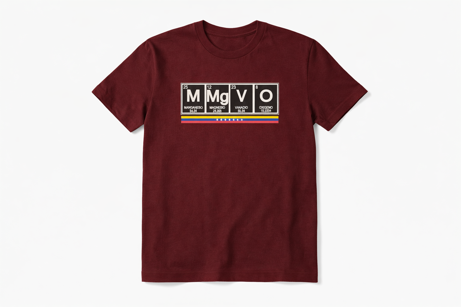Maroon Venezuelan slang MMVO shirt with periodic table design